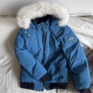 Moose Knuckles Blue Fur-Trimmed Hooded Jacket